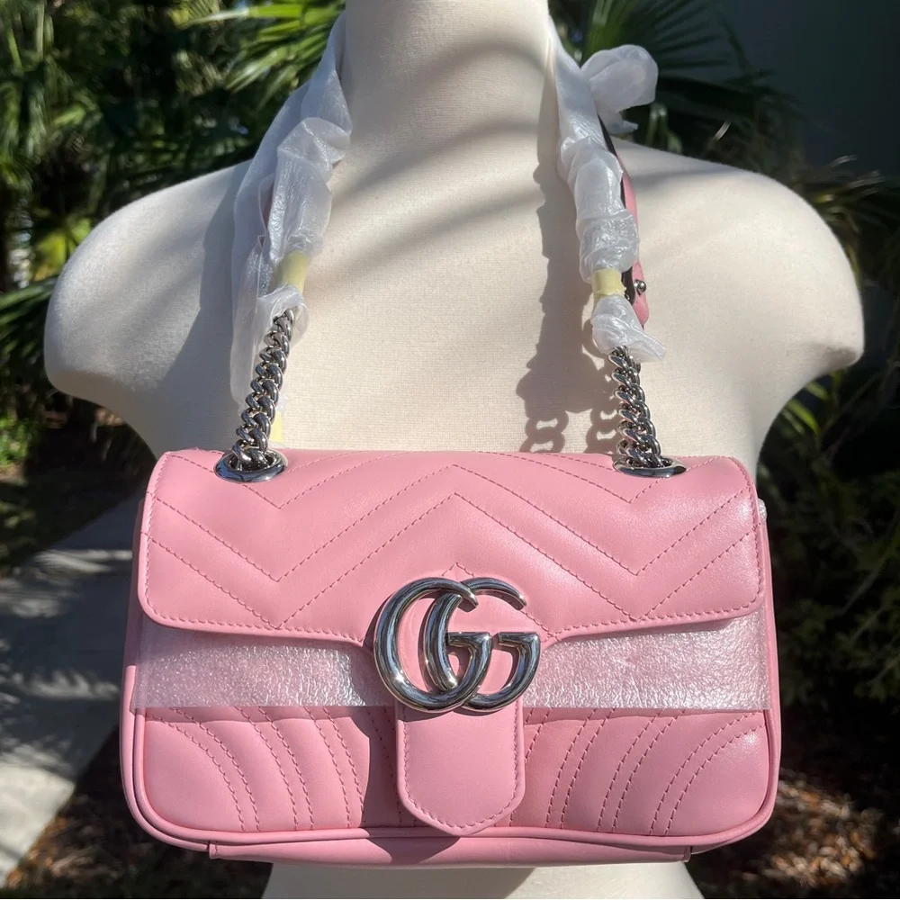 Gucci Pink Mini Marmont Purse Bag 446744 Logo Silver Hardware Leather Heart - Picture 3 of 17